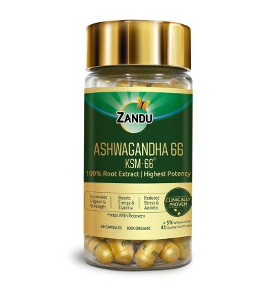 Zandu Ashwagandha KSM-66 (600 mg high dose formula) Tablets | Clinically Proven for 72% Decrease in stress and anxiety levels I Boosts Energy & Strength | 60 tablets I 100% Pure Root Extract